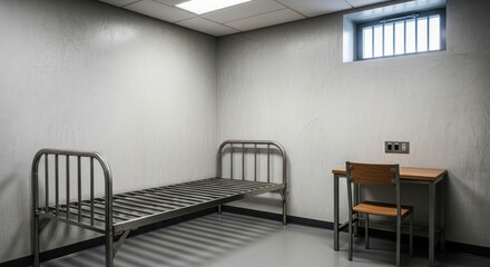 Fototapeta premium Austere confinement chamber featuring a metal bed, desk and barred window symbolizing imprisonment