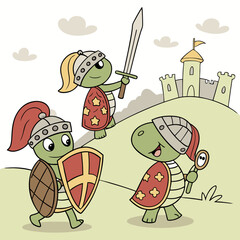Vector art of three turtle knights are walking in front of a castle, they are wearing helmets, shields and swords, cartoon style illustration, vector illustration