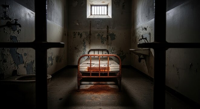 Dilapidated prison cell with rusty bed evoking confinement and despair in an eerie atmosphere