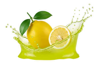 Freshly squeezed lemon juice splashes outward, highlighting vibrant yellow citrus fruit and bright green leaves against a dark background.