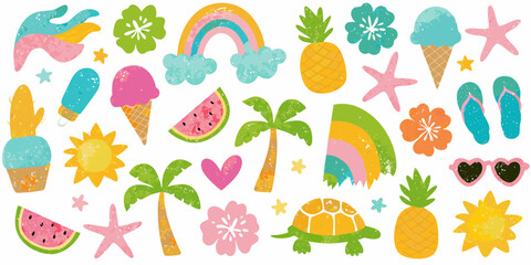 Vibrant summer vacation icons featuring palm trees sun ice cream watermelon rainbow and tropical elements