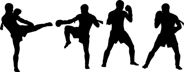 silhouette thai boxing postures muay thai in black shapes monochrome color