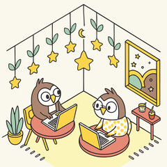 Vector art of two cute owls working on laptops in a cozy room with hanging stars and a painting, creating a warm and inviting atmosphere