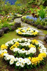 Colorful flowerbeds border a winding pathway through a lush garden