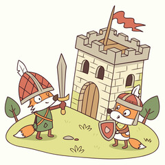 Vector art of two fox knights are fighting near the castle on the hill, one with a sword and shield, the other with a sword, in a cartoon style with a