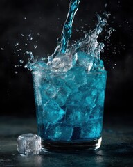 Vibrant Blue Drink with Ice Splashing into Glass