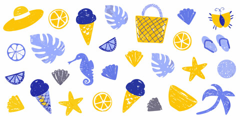 Whimsical summer beach vacation icons featuring ice cream citrus fruits and tropical leaves