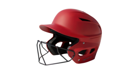 A bright red baseball batting helmet with a protective face cage isolated on transparent background