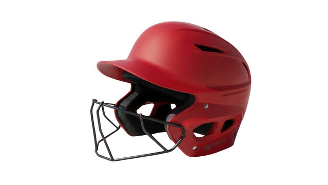A bright red baseball batting helmet with a protective face cage isolated on transparent background