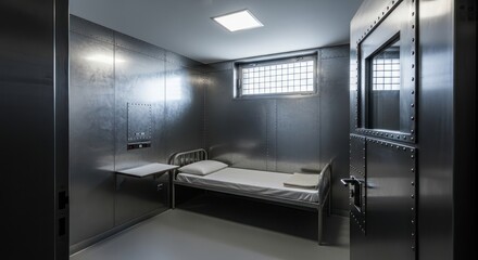 Severe confinement in a secure room with riveted steel walls and a spartan interior design