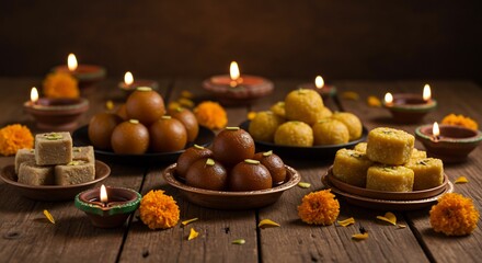 Sweets on wood w lamps Gulab jamun barfi  ladoo set on plates Clay oil lamps  orange marigolds decorate