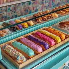 Vibrant Eclairs with Colorful Frosting and Sprinkles in Bakery Display