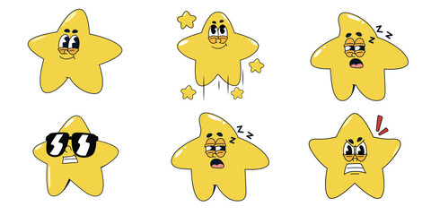 Obraz premium Fun Cartoon Yellow Star Character with Expressive Face and Different Mood Set