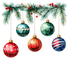 Festive Ornaments Isolated On White Background: A festive watercolor composition showcases a collection of hanging ornaments, each unique in design, suspended from a sprig of evergreen. 