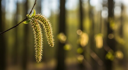 Naklejka premium Delicate willow catkins bask in the soft light of the forest in springtime