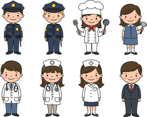 Cartoon Children in Different Jobs, Police Officer, Chef, Nurse, Doctor, Teacher, Professional Careers, Kids Dress Up, Occupational Roles, Education and Work
