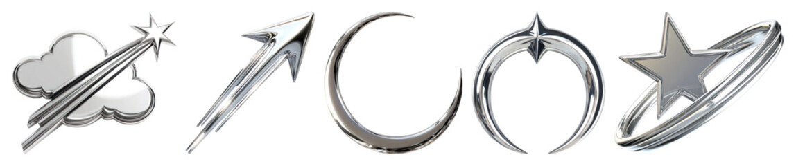 Fototapeta na wymiar PNG Sleek metallic celestial symbols, element set on transparent background
