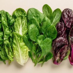 Vibrant fresh green spinach, crisp romaine lettuce, and red chard on a light beige background