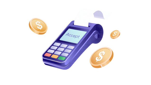 Purple credit card payment terminal with a receipt and golden coins floating around it isolated on transparent background