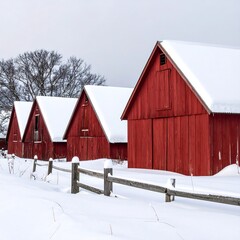 Red barns in winter snow