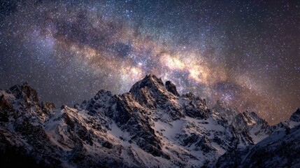 Vibrant Milky Way Galaxy and Starry Sky Over Majestic Snow-Capped Mountains