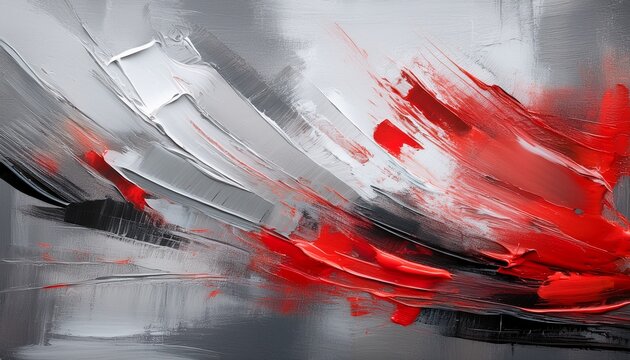 Gray Abstract Acrylic Painting Background With Red Textured Brush Strokes