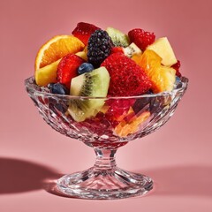 Vibrant Mixed Fruit Salad in a Decorative Crystal Bowl on a Pink Background