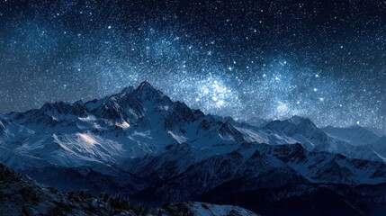Vibrant Milky Way Galaxy Glowing Above a Rugged, Snow-Capped Mountain Landscape