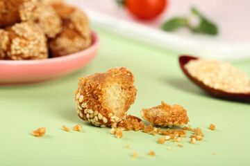 Crispy Guangxi Sesame Ball Chinese Pastry Specialty Broken Open Showing Golden Texture