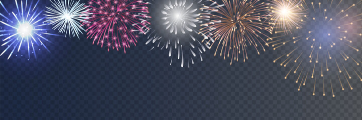 Vector Brightly Colorful Fireworks on the background of the night sky. © kume111000