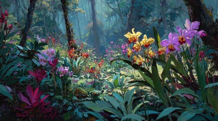 Vibrant Tropical Forest Garden with Orchids and Flowers