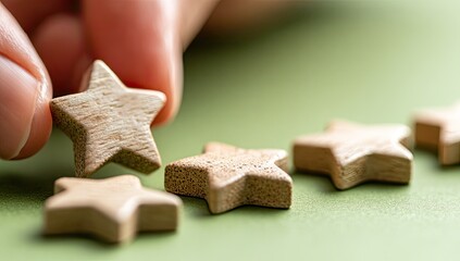 Close-up of a hand placing a wooden star on top of others