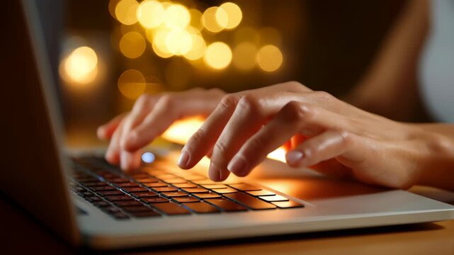 Typing laptop keyboard night coding bootcamp workshop hands typing student practices programming with warm bokeh lights creating focused productive