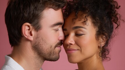 Closeup portrait of couple sharing intimate moment, showcasing love and affection against soft pink background. Their eyes are closed, expressing deep connection and warmth
