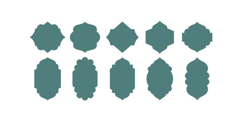A decorative set of Islamic shape silhouette borders with colored outlines, elegant Arabic frames, luxury design elements, and traditional text box ornamentation for cultural themes