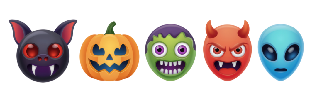 Collection of five spooky and fun halloween masks including a bat pumpkin monster devil and alien isolated on transparent background