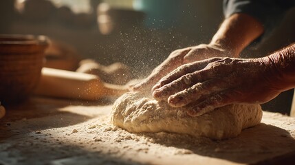 Hands Kneading Dough in Rustic Kitchen with Warm Natural Lighting