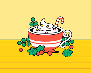 Striped cup filled with a hot drink topped with whipped cream, colorful sprinkles, and a candy cane surrounded by leaves vector illustration cartoon style for Christmas, holidays, winter beverage