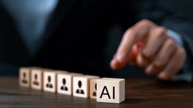 AI impact on jobs and business recruitment wooden block labeled AI replaces human block in office scene showing workforce change and human emotion
