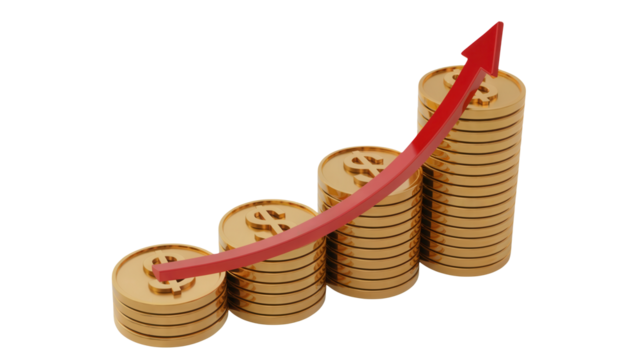 Rising stacks of gold coins with a red arrow indicating financial growth and upward trend isolated on transparent background