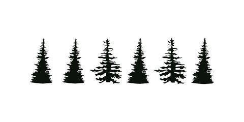 A diverse set of tree silhouettes in various shapes and types, including deciduous and evergreen forms, isolated on a white background for natural, botanical, and landscape design