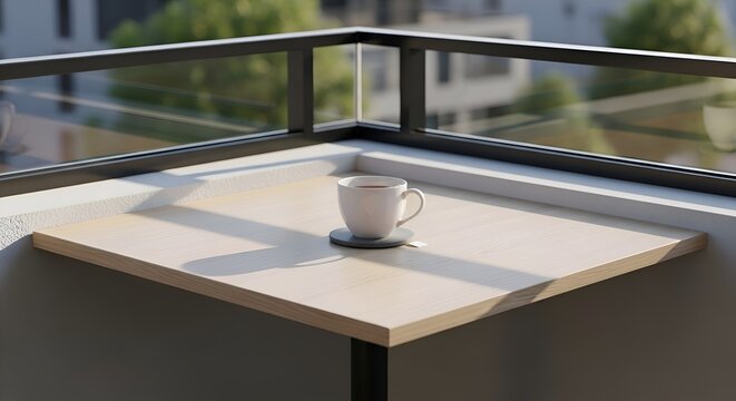 A minimalist square table with a cup of tea, placed neatly on a balcony corner