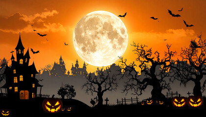 Eerie Halloween Landscape Under the Moonlight: A hauntingly beautiful Halloween scene, with a full moon casting an eerie glow over a haunted mansion, jack-o'-lanterns, spooky trees, and flying bats.
