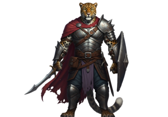 A powerful leopard-like warrior in full plate armor, holding a shield and sword, stands against a black background.