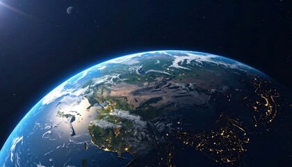 A vibrant view of Earth from space, showcasing continents, oceans, clouds, and a crescent moon in a vast cosmic expanse