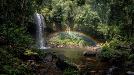 Waterfall and Rainbow in Lush Tropical Forest