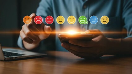 A person uses a smartphone to select an emoji rating from a scale of emotions, from angry to happy, indicating customer feedback and satisfaction levels - Powered by Adobe