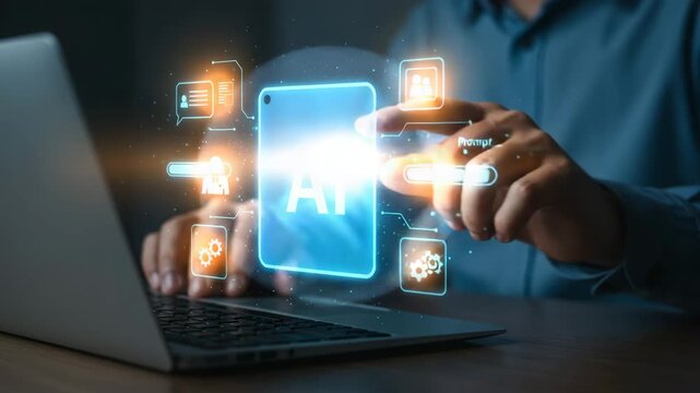 Closeup of hands interacting with a laptop screen displaying the ai logo and surrounding artificial intelligence icons, signifying advanced technology and machine learning