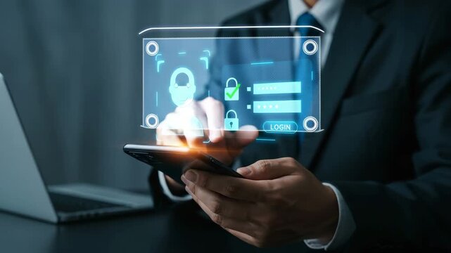 A person in a suit holds a smartphone displaying a facial recognition login interface and password fields, representing digital security and user authentication - Powered by Adobe