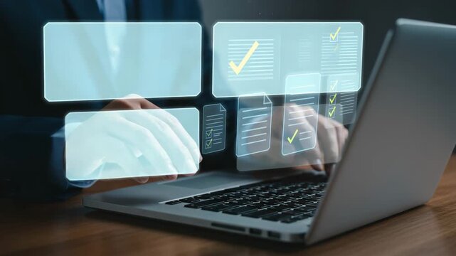 Document management concept person using a laptop with digital document icons and checkmarks, representing file organization, data handling, and workflow management